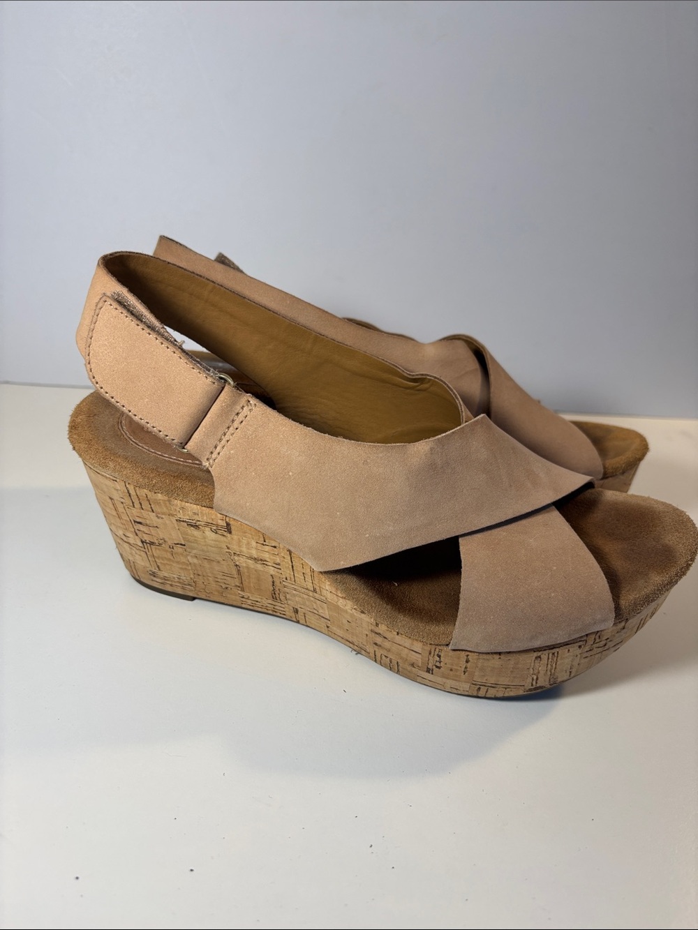 Clarks Tan Suede Cork Wedge Sandals